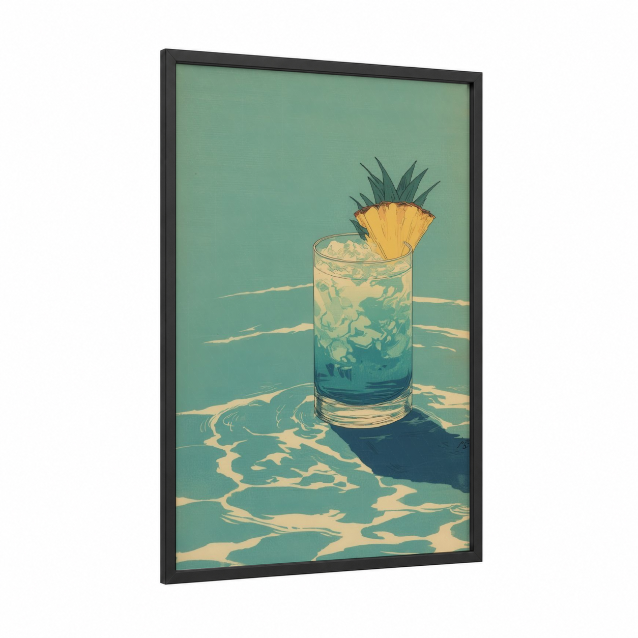 Tropical Cocktail framed art print — black wood frame — teal and gold palette