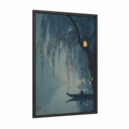 Misty Gondola framed art print — black wood frame — blue and gold palette