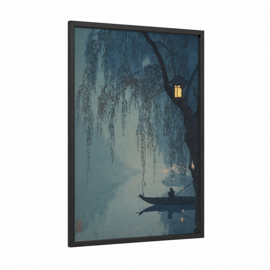 Misty Gondola framed art print — black wood frame — blue and gold palette