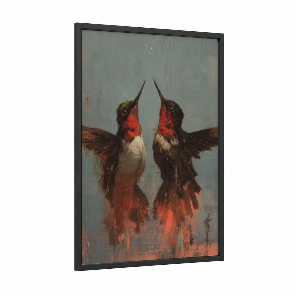 Crimson Hummingbirds framed art print — black wood frame — red and gray palette
