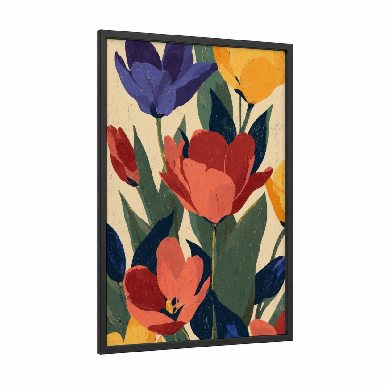 Bold Tulip Garden framed art print — black wood frame — red and blue palette