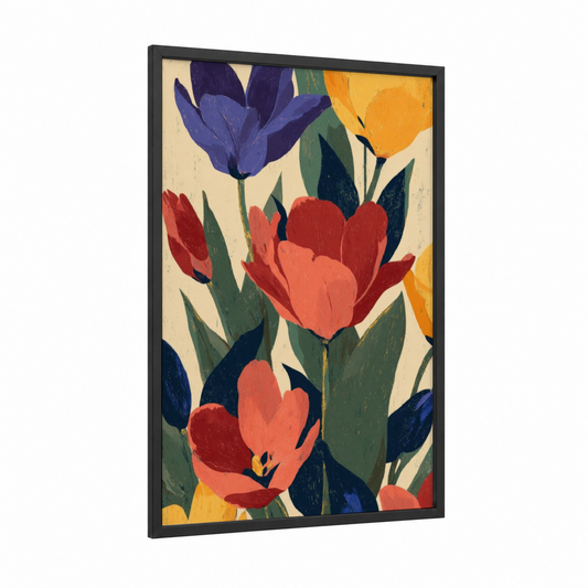 Bold Tulip Garden framed art print — black wood frame — red and blue palette