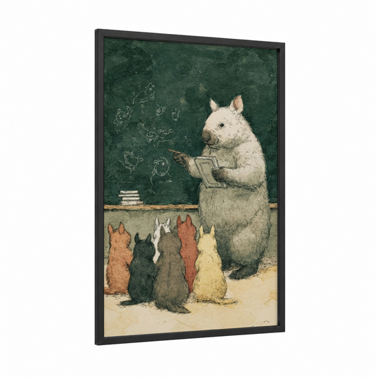 Teacher Wombat framed art print — black wood frame — dark green and cream palette