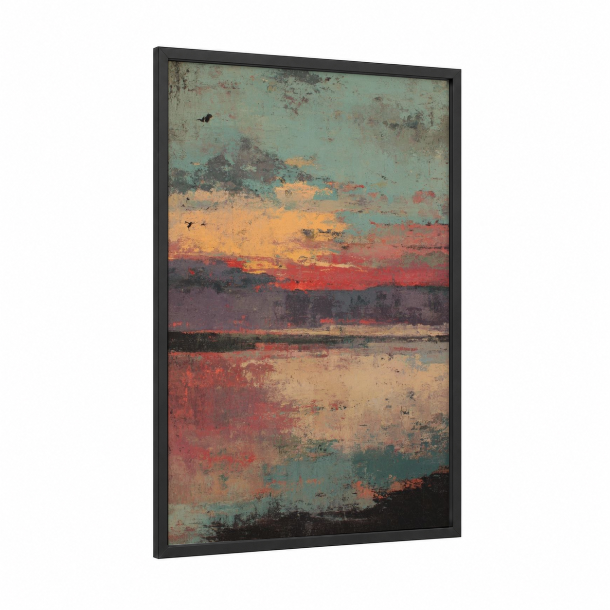 Rustic Coastal Horizon framed sandy beach print — black wood frame — gold and teal palette