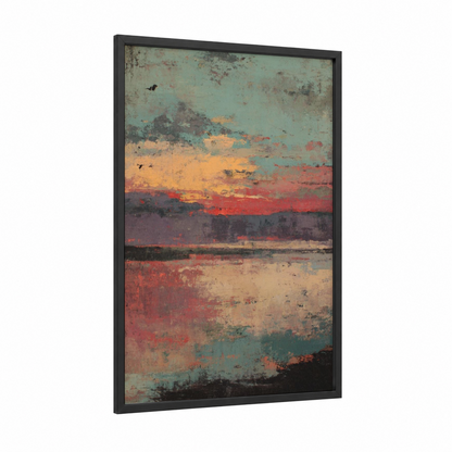 Rustic Coastal Horizon framed sandy beach print — black wood frame — gold and teal palette