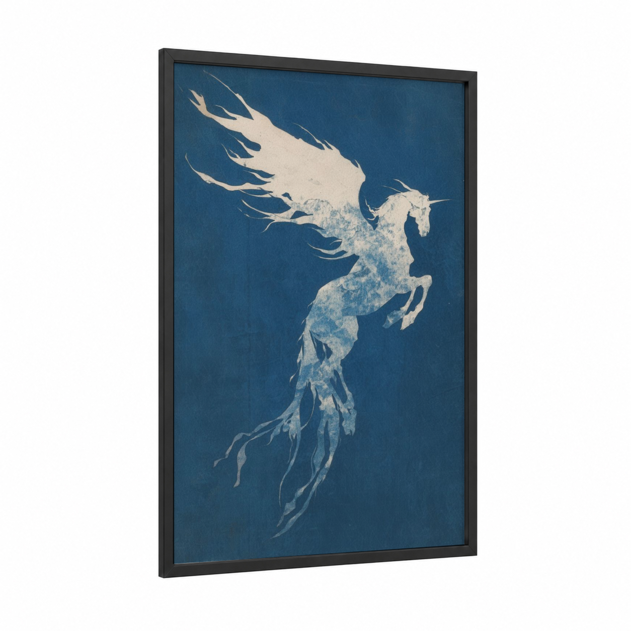 Celestial Pegasus framed art print — black wood frame — blue and cream palette
