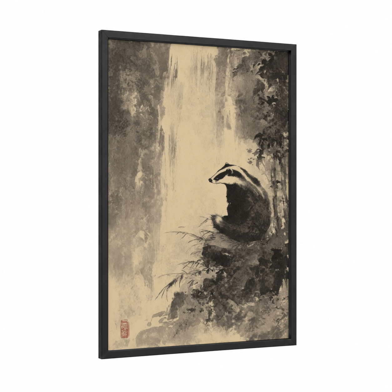Contemplative Badger framed art print — black wood frame — black and white and beige palette
