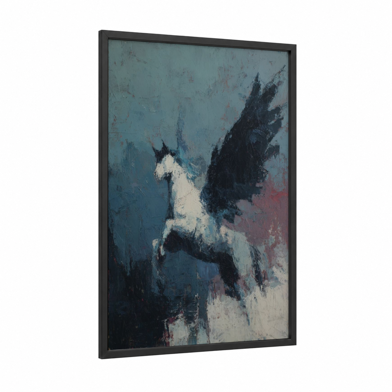 Mythical Pegasus framed art print — black wood frame — dark blue and black and white palette