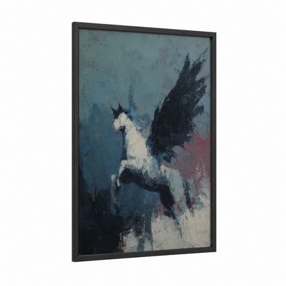 Mythical Pegasus framed art print — black wood frame — dark blue and black and white palette
