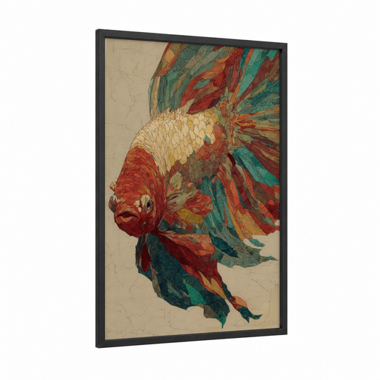 Crimson Betta Flow framed betta fish print — black wood frame — red and teal palette