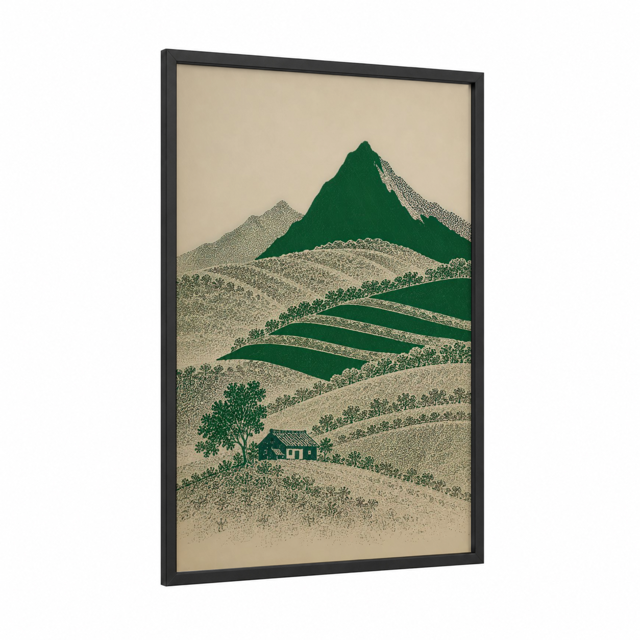 Japanese Mountain Cottage Landscape Wall Art framed art print — black wood frame — true green and beige palette
