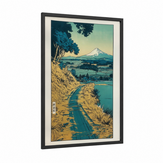 Mount Fuji Vista framed various landscapes print — black wood frame — teal and yellow gold palette