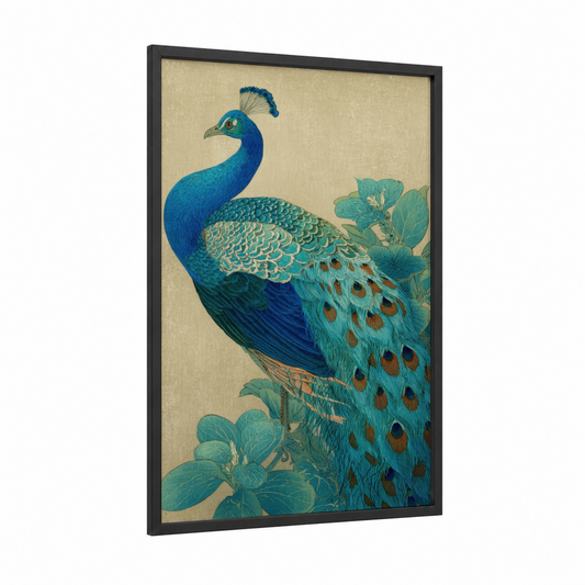 Jeweled Peacock framed art print — black wood frame — blue and gold palette