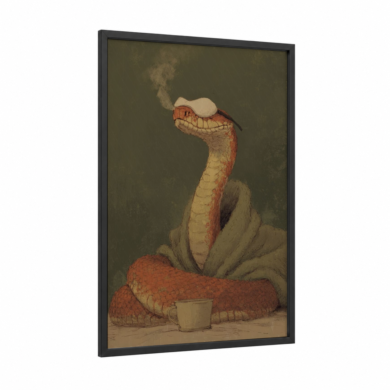 Whimsical Rattlesnake framed art print — black wood frame — russet and sage green palette