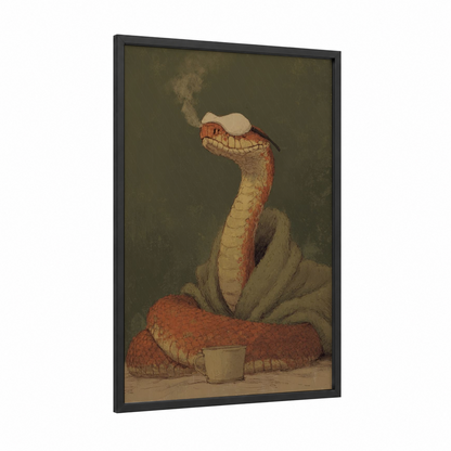 Whimsical Rattlesnake framed art print — black wood frame — russet and sage green palette
