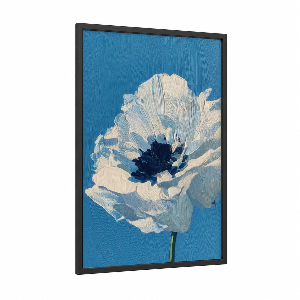 Cream Poppy Abstract framed abstract flower print — black wood frame — blue and white palette