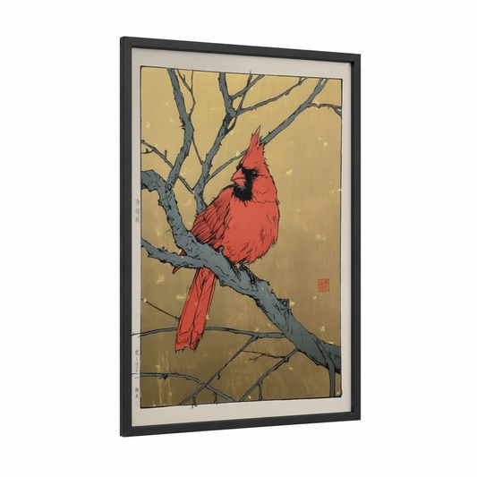 Scarlet Cardinal Perch framed art print — black wood frame — gold and red palette
