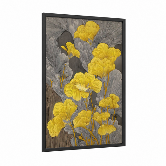 Golden Amaryllys framed amarillys print — black wood frame — yellow gold and gray palette