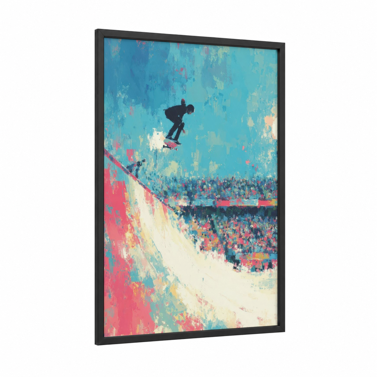 Urban Skateboarder framed skateboarding print — black wood frame — blue and magenta palette