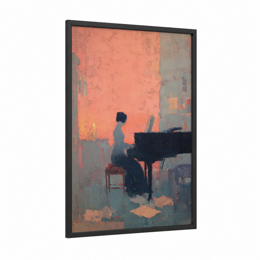 Sunset Pianist framed piano print — black wood frame — peach and gold palette