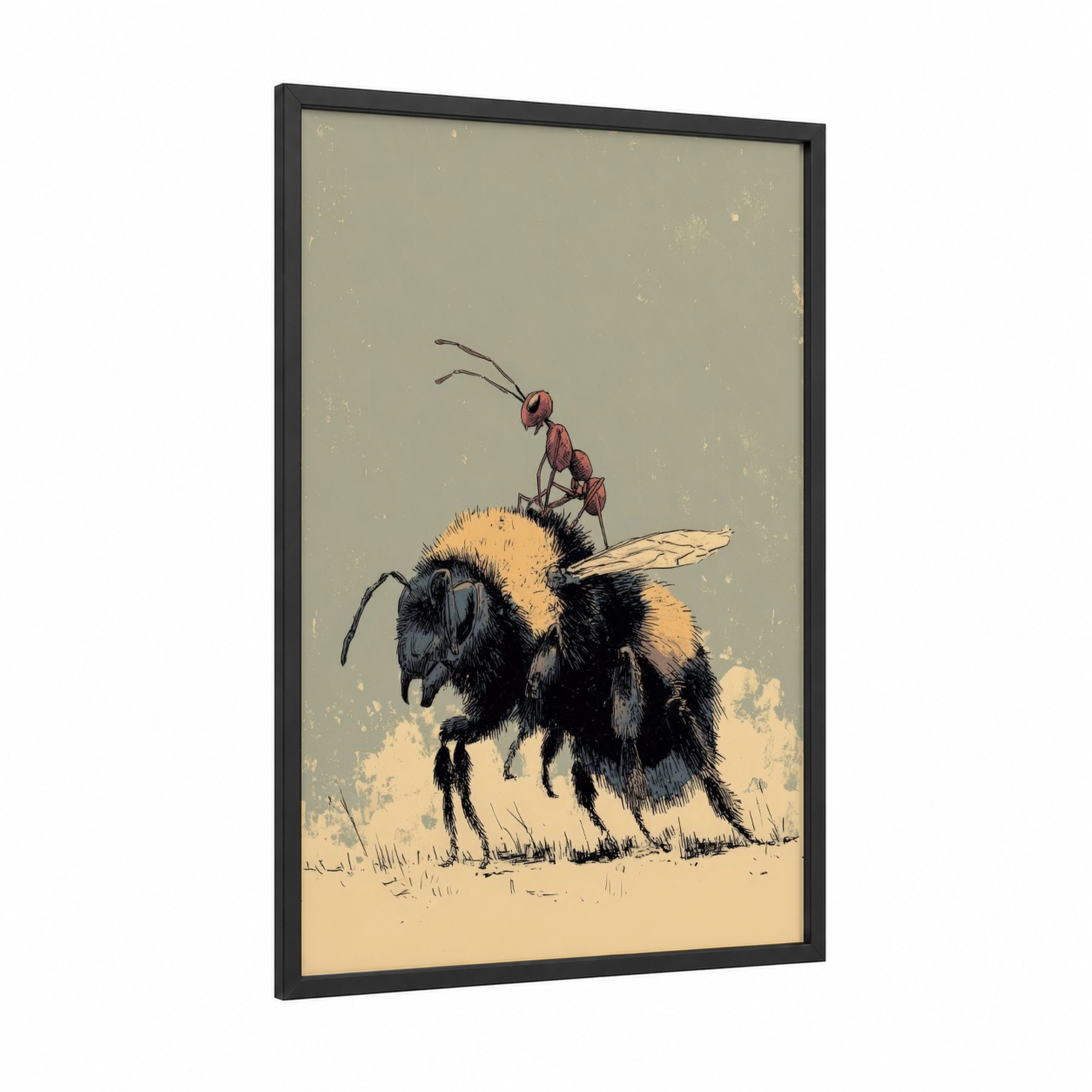 Ant Encounter framed art print — black wood frame — gold and cream palette