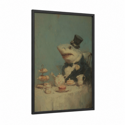 Gentleman Shark framed bull shark print — black wood frame — sage green and beige palette