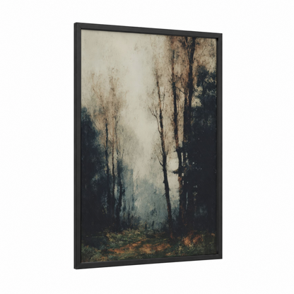Misty Oak Forest framed art print — black wood frame — gray and brown palette