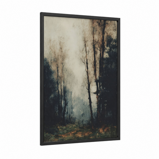 Misty Oak Forest framed art print — black wood frame — gray and brown palette