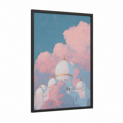 Pearl Palace Dawn framed castle print — black wood frame — blue and pink palette