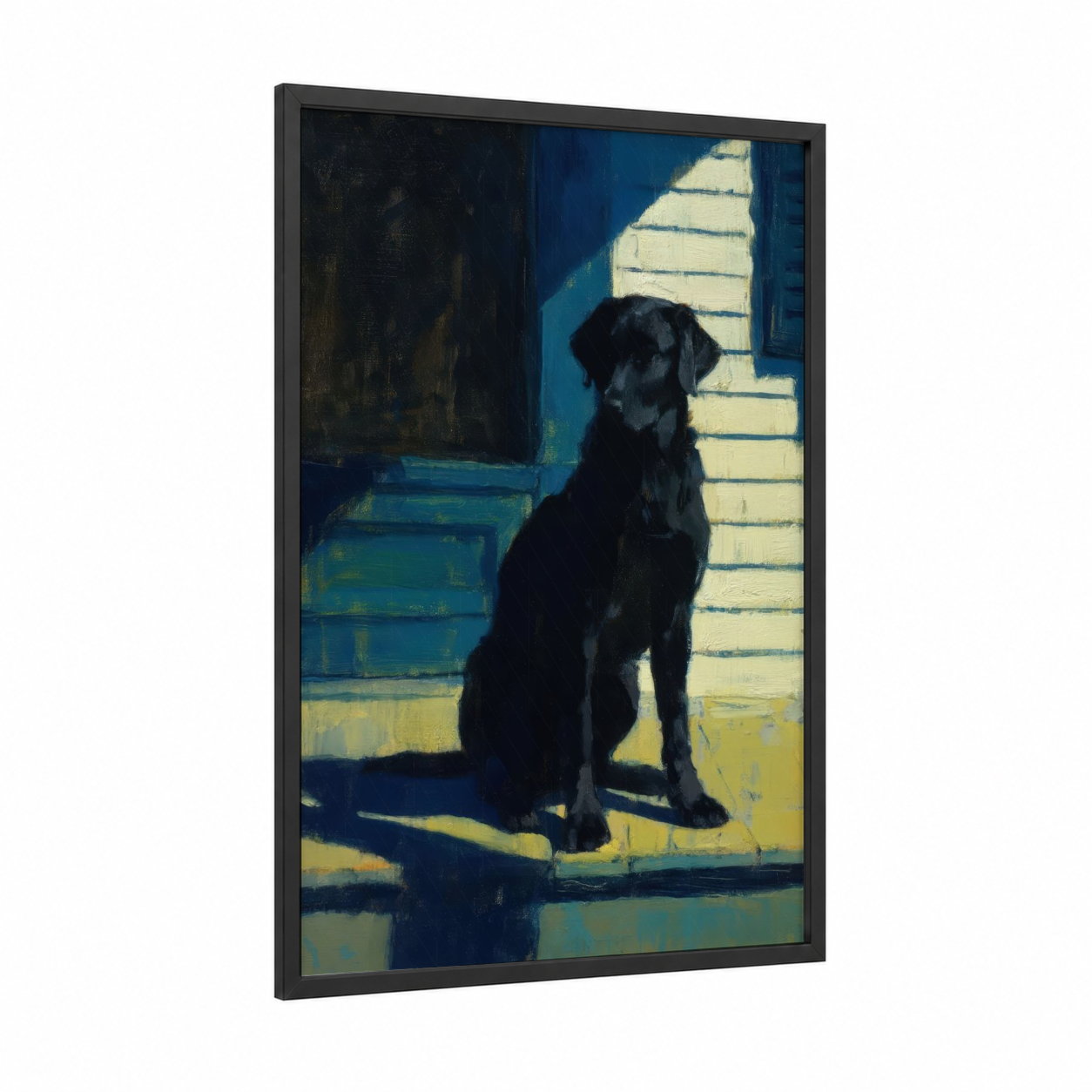 Sunlit Retriever framed art print — black wood frame — blue and gold palette