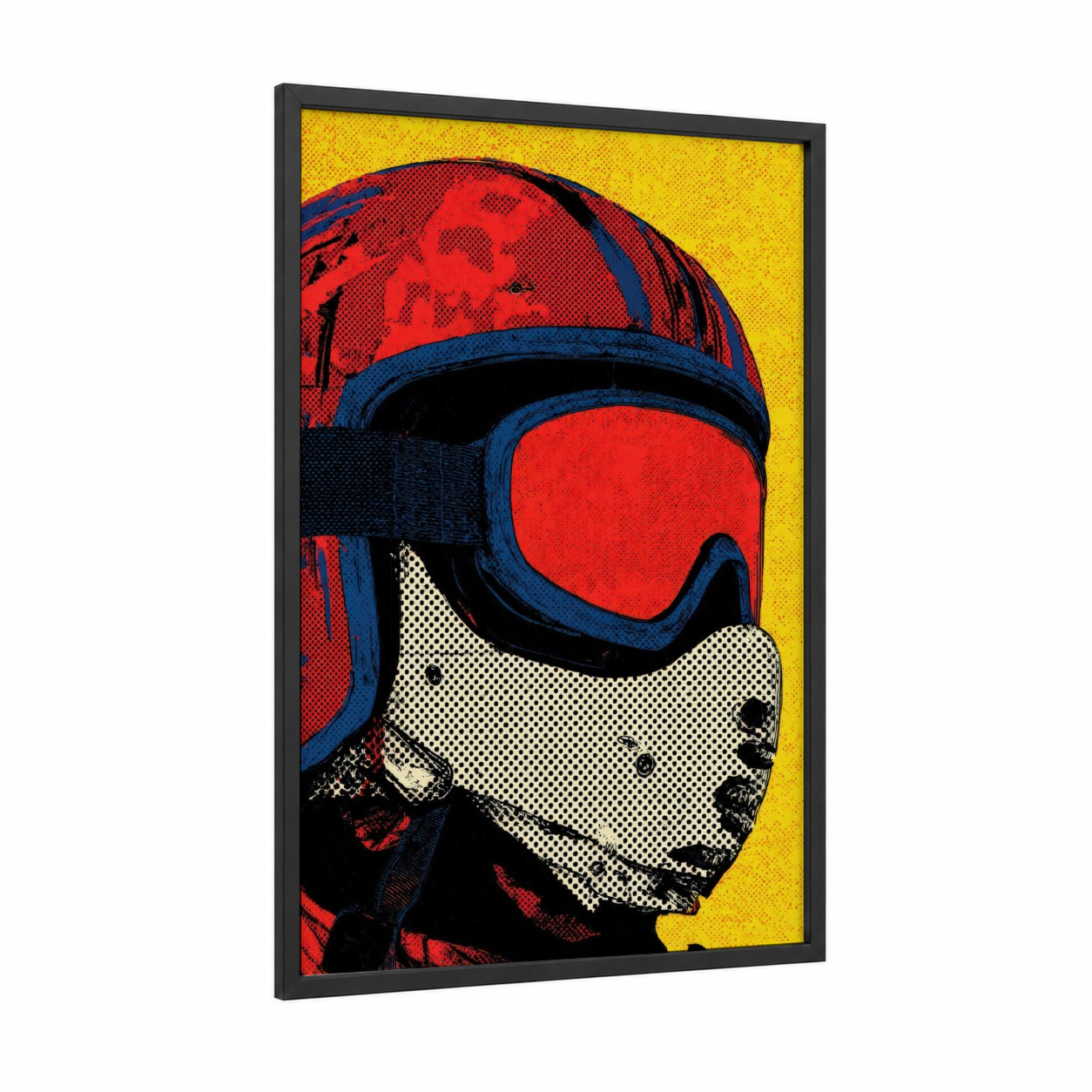 Speed Racer framed vintage motorcycle print — black wood frame — red and yellow palette