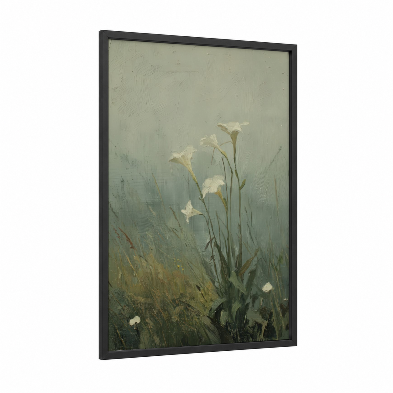 Misty Lily framed art print — black wood frame — gray and light green palette