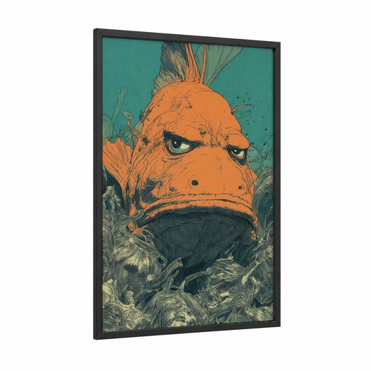Angry Dragon Fish framed art print — black wood frame — orange and teal palette