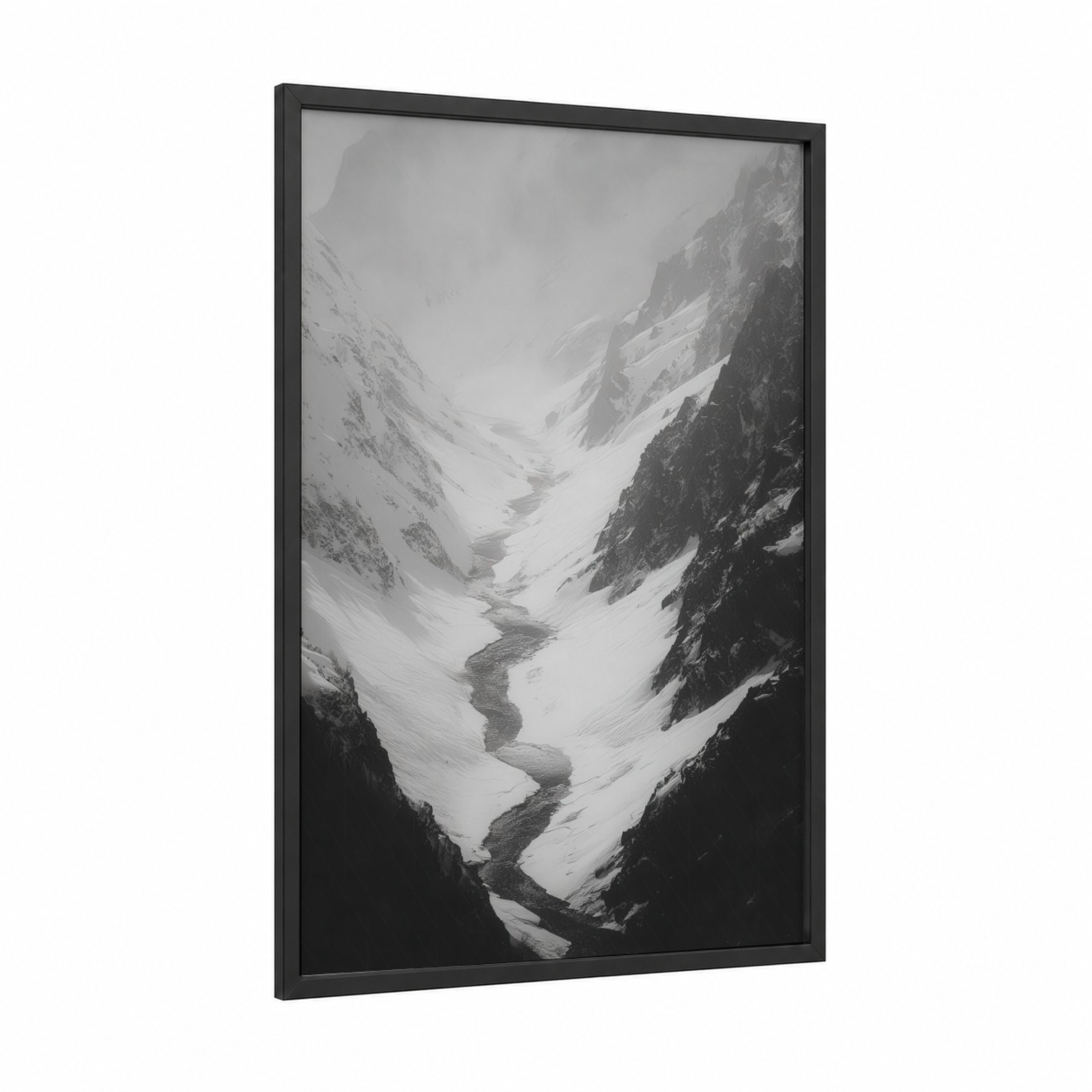 Misty Glacier Valley framed art print — black wood frame — black and white and gray palette