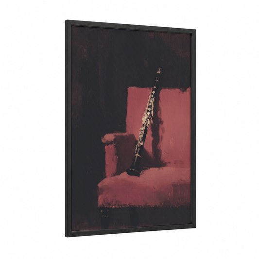 Rose Clarinet framed art print — black wood frame — salmon pink and espresso palette