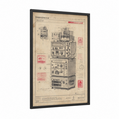 Vintage Electronics Blueprint framed blueprints print — black wood frame — cream and black and white palette