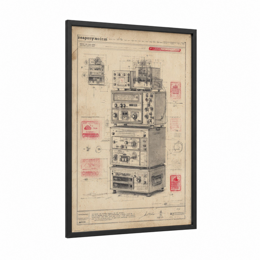 Vintage Electronics Blueprint framed blueprints print — black wood frame — cream and black and white palette