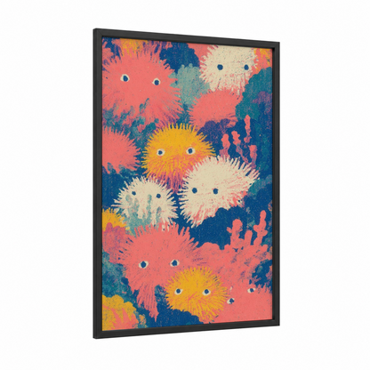 Vibrant Sea Urchins framed art print — black wood frame — pink and teal palette