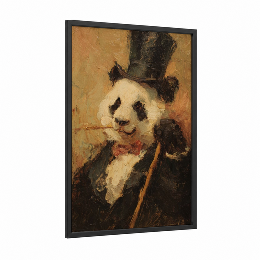 Dapper Panda framed art print — black wood frame — brown and gold palette