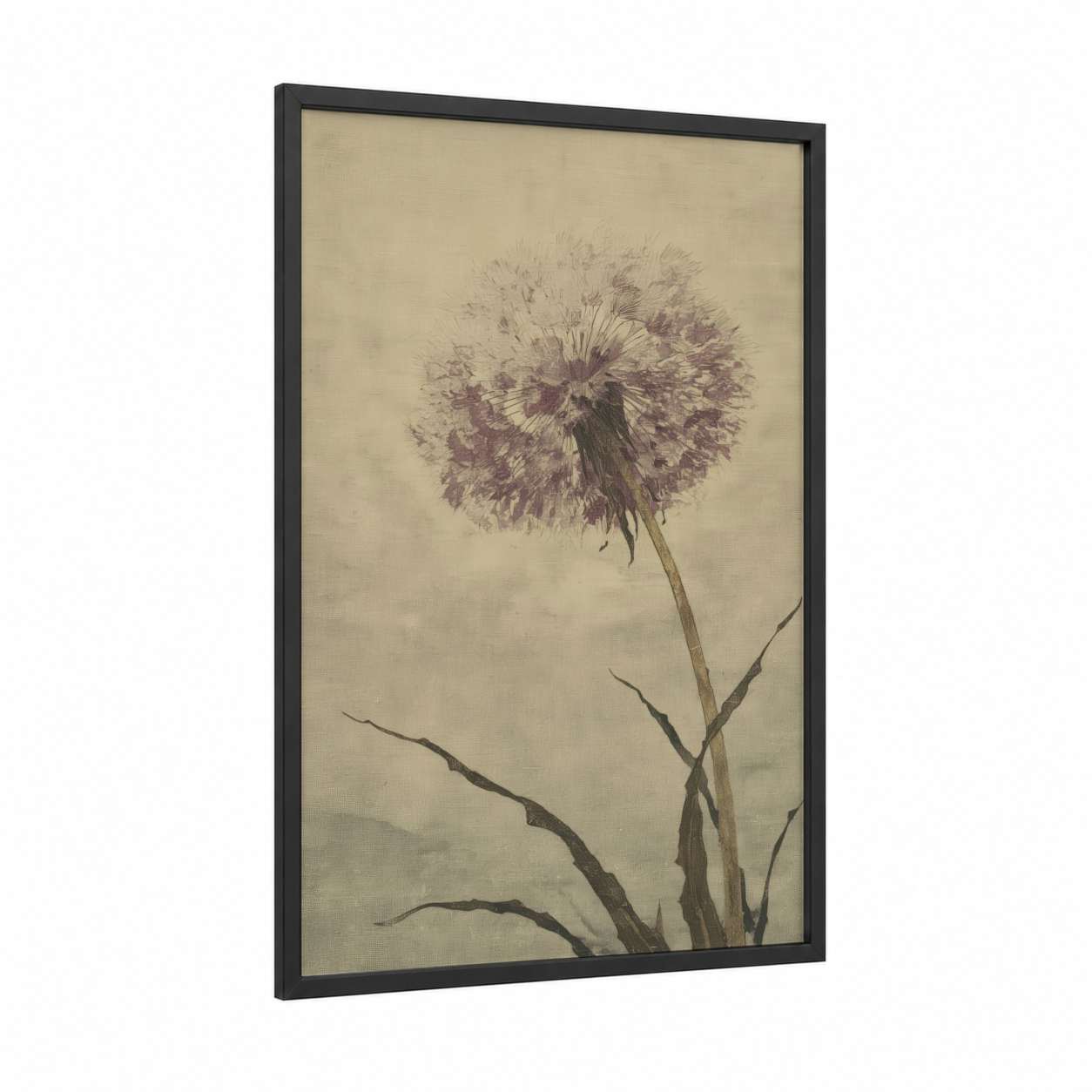 Windswept Dandelion framed art print — black wood frame — cream and dove gray palette