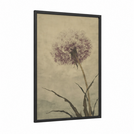 Windswept Dandelion framed art print — black wood frame — cream and dove gray palette