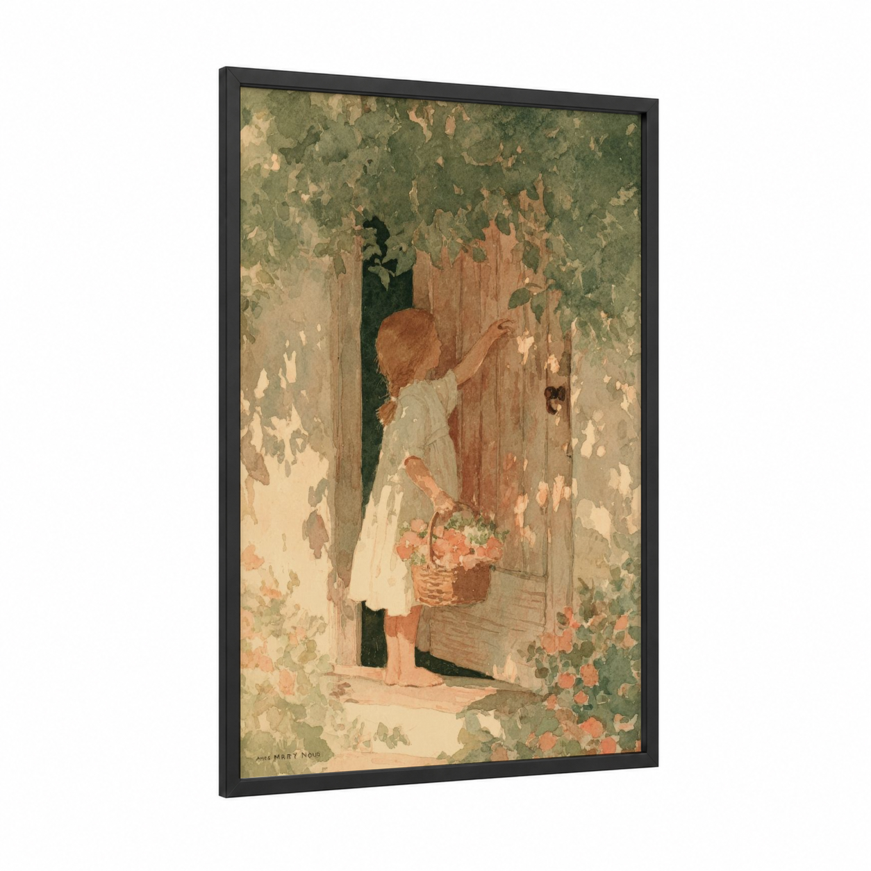 Festive Garden Child framed may day print — black wood frame — green and cream palette