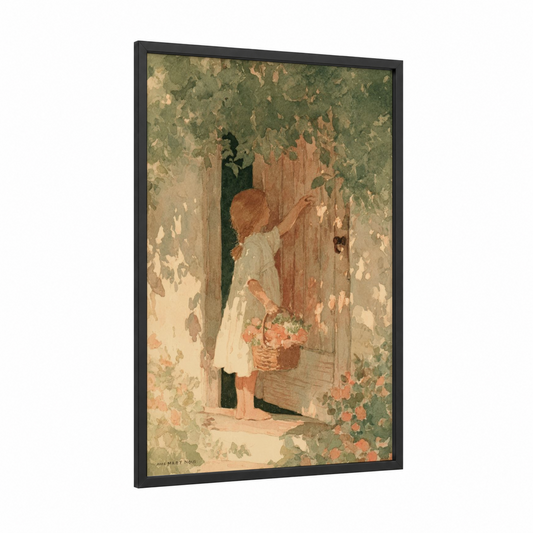 Festive Garden Child framed may day print — black wood frame — green and cream palette