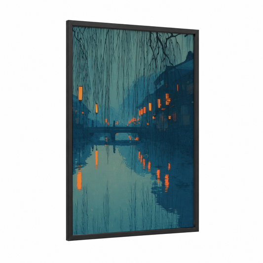 Neon Canal Night framed art print — black wood frame — teal and pumpkin palette