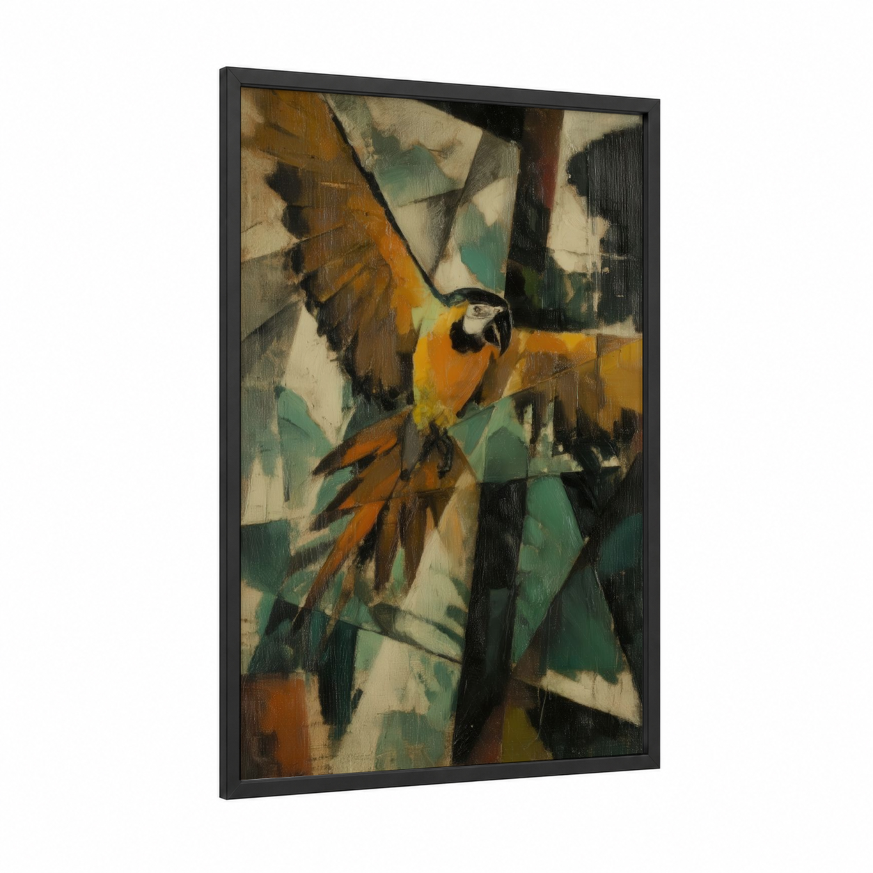 Geometric Macaw framed art print — black wood frame — gold and teal palette
