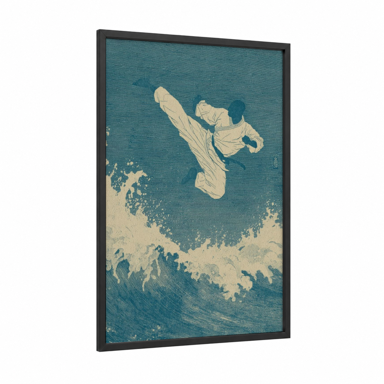Aerial Kick Warrior framed kick boxing print — black wood frame — teal and cream palette