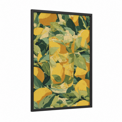 Lemon Refresher framed iced tea print — black wood frame — yellow gold and true green palette