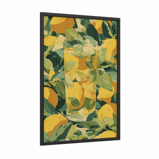 Lemon Refresher framed iced tea print — black wood frame — yellow gold and true green palette