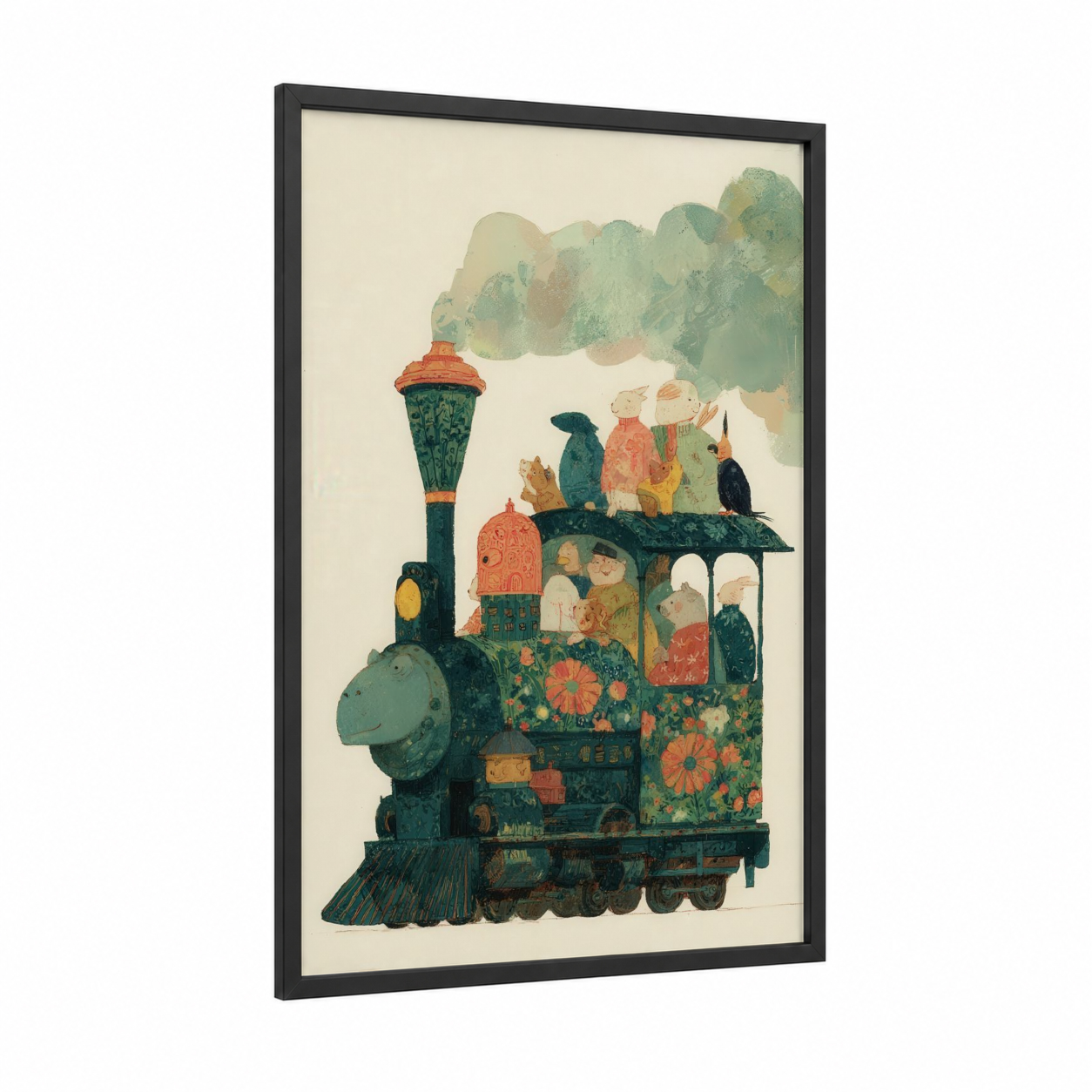 Whimsical Garden Train framed art print — black wood frame — dark green and orange palette