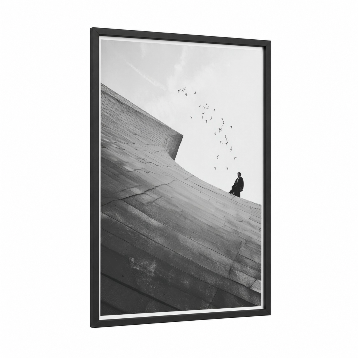 Solitary Contemplation framed abstract architecture print — black wood frame — black and white and gray palette